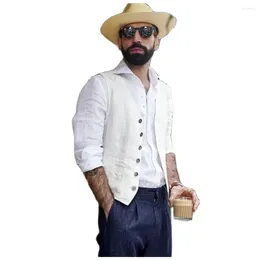 Men's Suits Summer Linen Vests For Men Single Breasted V-neck Vintage Waistcoat Wedding Casual Groom Wear Clothing Jacket 1 Pcs