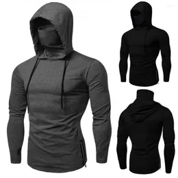 Men's Hoodies 2024 Men Solid Black Grey Hoodie Long Sleeve Hooded Sweatshirt With Mask For Man Sports Fitness Gym Running Casual Pullover