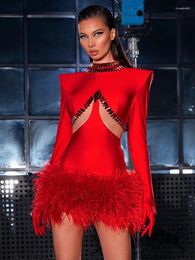 Casual Dresses Women Celebrity Sexy Long Sleeve Feather Beading Cut Out Red Mini Bodycon Bandage Dress 2024 Elegant Evening Club Party