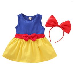 Girl Dresses Baby Summer Outfits Sleeveless Round Neck Colour Block Dress Bow Headband 2Pcs Clothes Set