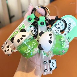 Keychains Kawaii Panda Mug Bottle Liquid Quicksand Keyring For Women Couples Bag Key Pendant Gift Accessories Kids Toys