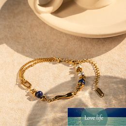 European New Internet Celebrity 18K Stainless Steel Inlaid Pearl with Lapis Lazuli Water Drop Bracelet Ornament Wholesale