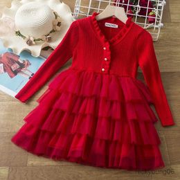 Girl's Dresses Red Party Dress for Girl Autumn/Winter Warm Knit Long Sleeve Birthday Cake Clothes Kids New Year Christmas Costume Toddler Dress