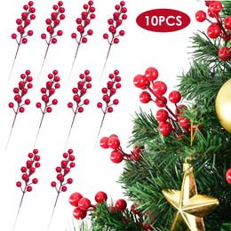 Decorative Flowers 10pc/lot Artificial Berry Twigs Christmas Tree Decoration DIY Red Stems Crafts Garland Xmas Ornaments Noel Decor