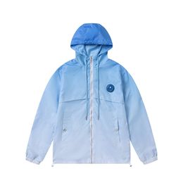 Sping autumn windbreaker jackets designer thin windbreaker hooded zippered jacket with gradient blue letters embroidered and loose fitting