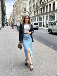 Skirts Women's Front Slit Blue Versatility Denim Skirt Chic High Waist Slim Zipper Midi 2024 Summer Female Casual Streetwear