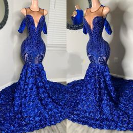 Blue Prom Dresses Royal for Black Girls 2024 Crystal Sequin Mermaid Party Gowns Short Sleeves Evening Dress Vestidos De Festa