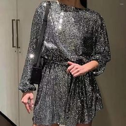 Casual Dresses A-line Silhouette Dress Sparkling Sequin Mini With Lace-up Detail Tight Waist For Women Shiny Round Neck Long Sleeve Soft