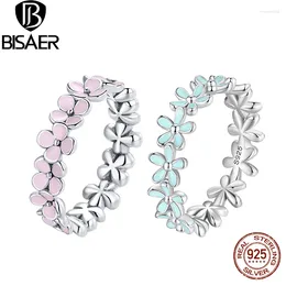 Cluster Rings BISAER 925 Sterling Silver Blue & Pink Wreath Finger Ring Size 5-9 Enamel Flower Band For Lovers Anniversary Gift Fine Jewellery