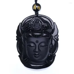 Pendant Necklaces Drop Bead Curtain Natural Black Obsidian Scrub Guanyin Head Pendants Transhipped Buddha Healing Reiki Gift
