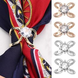 Brooches Fashion Rhinestone Scarf Buckles For Women Shiny Crystal Cross Ribbon Silk Flower Brooch Buckle Ring Clip Jewellery Gift