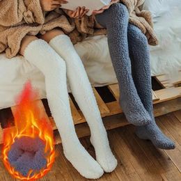 Women Socks Winter Warm Coral Fleece Knee High Stockings Harajuku Solid Color Thicken Long Indoor Tube Sleeping
