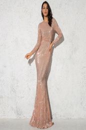 Casual Dresses Modest Rose Gold Sequin Wedding Party Dress Floor Length Train Long Sleeve O Neck Stretchy Celebrity Prom Ball Gown6893004