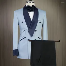 Men's Suits Slim Fit Formal Light Blue Double Breasted Jacket With Pants Navy Shawl Lapel Custom Wedding Tuxedo Suit 2024
