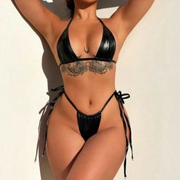 Women's Swimwear VIKINII Shiny Leather Beachwear Women Swimwear 2023 Sexy Lace Up Women Swimsuits Black Bikinis Women Bathing Suits traje de bano J240131