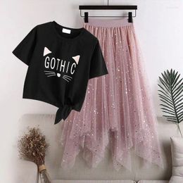 Clothing Sets Middle School High Summer Girls Children Big Girl Mesh Skirt Short-Sleeved T-shirt 2PCS Kids Clothes Suit