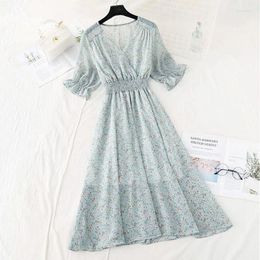 Party Dresses Women Print Floral Midi Dress Short Sleeve 2024 Summer Vintage V-neck Slim Ruffles Chiffon Elastic Waist Casual Vestidos