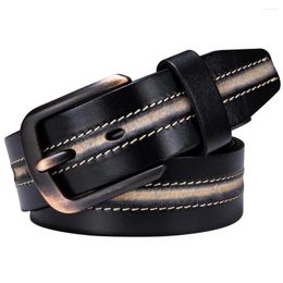 Belts 2024 Contrast Leather Belt For Men Cowhide Waist With Pin Buckle Retro Single Prong Holes Strap Jeans Pants