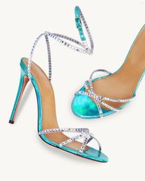 Sandals Luxury Shinny Crystal Diamond Stiletto High Heel Female Blue Buckle Ankle Strap Sandal Shoes