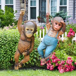 Garden Decorations Monkey Chimp Hanging Rope Ornament Resin Waterproof Cowboy Sculpture For Outdoor Cottage Tree Decoration