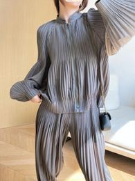 Women's Two Piece Pants Miyake Pleated Zipper Hoodie Jacket Korean Fashion Fall 2024 Winter Grey Suit Loose Long Sleeve Short Coat Casual