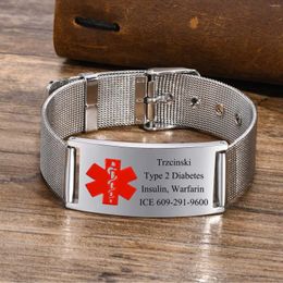 Link Bracelets Free Personalized Medical Alert ID For Men Waterproof 10mm/16mm Wide Stainless Steel Mesh Band Wristband ICE Jewelry