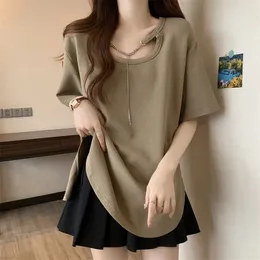 Women's T Shirts Summer 2024 Korean Bright Line Decoration Solid Colour O-neck Oversized T-Shirt Women Clothing Simplicity Chain Loose Top