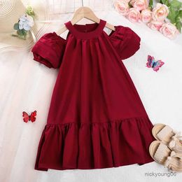 Girl's Dresses Summer Dress New Girls Korean Edition Bubble Sleeve Hollow Solid Cotton Ruffle Dress Childrens Casual Fashion Dress