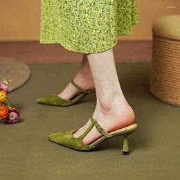 Dress Shoes Closed Toe Retro Sandals Real Leather Elegant Ladies Summer Spring Atumn Mules French Style Woman On Heel 7 CM