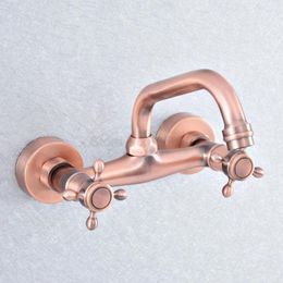 Bathroom Sink Faucets Antique Red Copper Dual Cross Handles Wall Mounted Kitchen Basin Swivel Faucet Mixer Tap Tsf860