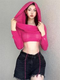 Women's Hoodies Habbris Spring Sexy Solid Pullover Club Outfit For Women 2024 Long Sleeve Hooded Crop Top Female Black Knit