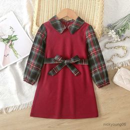 Girl's Dresses Casual Kids Shirt Dress for Girls Autumn Spring 2023 New Toddler Long Sleeve Plaid Patch Mid Dress with Belt Children Clothing