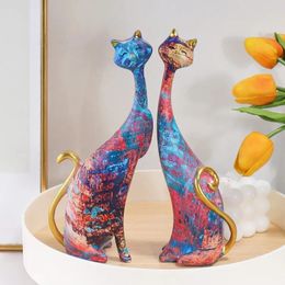 Colorful Cat Statue Oil Painting Cat Couple Sculptures Set Modern Resin Statue for Home Decor Living Room Bookshelf Accents 240131