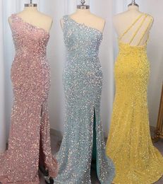 Hot Fashion Bling Sequins Evening Banquet Dress for Women One Shoulder Silt Straps Back Long Mermaid Prom Formal Party Gowns Robe De Soiree