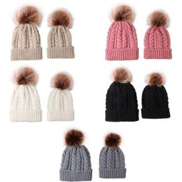 Women Mother Daughter Matching Knitting Pom Beanies Bobble Hat Kids Adults Skullies Winter Warm Beanie Cap2922