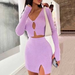 Two Piece Dress Womens two-piece knitted ribbon ski suit casual long sleeved buttons crop top and short packaged ski matching set J240202