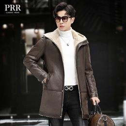 Winter Original Ecological Leather and Fur Integrated Mens Hooded Mid Length Haining Genuine Coat Lamb Hair Thickened AHQT