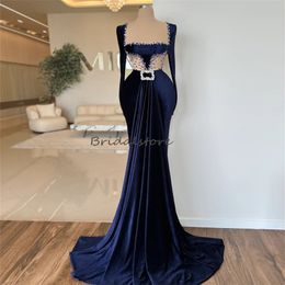 Gorgeous Navy Blue Velvet Prom Dress Square Collar Mermaid Evening Dress Long Sleeve Beaded Crystal Black Girls Formal Party Vestios De Fiesta Sheer Neck Birthday