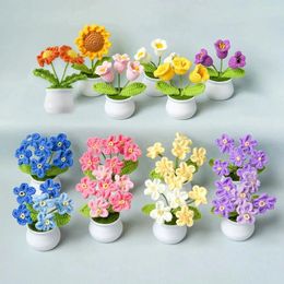 Decorative Flowers Mini Cute Style DIY Handwoven Simulation Pot Flower Planting Thread Crochet Knitted Finished Home And Garden Ornament