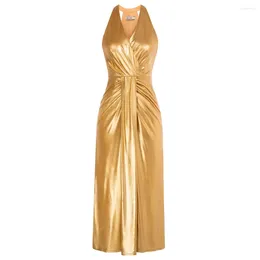 Casual Dresses GK Women Surplice V-Neck Dress Hips-wrapped Cut-Out Shoulder Maxi Gold Shiny Party Ruched Design Evening