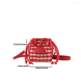 Evening Bags Retro Bucket Luxury Women Bag Phone Mini Shoulder Purse Plaid Woollen Patchwork Leather Drawstring Crossbody Red Handbag