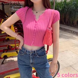 Women's T Shirts Knitted T-shirts Women Button Solid Simple Summer Slim Crop Top All-match Sexy Ulzzang Casual 5 Colours Trendy Feminino