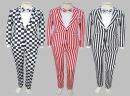 Men Sets Bebes Black White Plaid Coat Pants Bow Tie 3pcs Male Singer Suit Clown Costume Magic Stage Show Theme Striped 4XL Suit X05921069