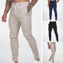 Men's Pants Adjustable Waist Breathable Slim Fit Business With Ankle Length Slant Pockets For Men Solid Colour Mid Trousers