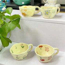 Mugs Ceramic Mugs Coffee Cups Hand Pinched Irregular Flower Milk Tea Cup ins korean style Oatmeal Breakfast Mug Drinkware Kitchen Q240202