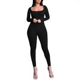 Women's Shapers Slim Fit Sports Yoga Jumpsuit Women Solid Square Neck Pleated Long Sleeve Sport Bodysuit One-Piece Shapewear Ropa De Mujer