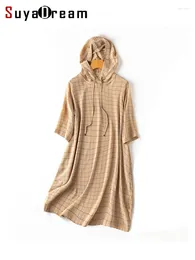 Casual Dresses SuyaDream Woman Hooded Dress Real Silk Plaid Printed Mid 2024 Spring Summer Clothes Khaki