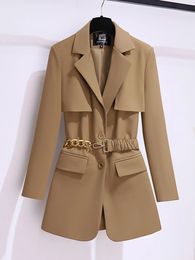 Autumn Winter Blazer For Women Single Buttons Brown Or Black Colour Casual Coat Outwears With Belt Korean Fashion Jacket 240129