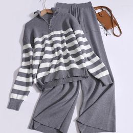 Women's Two Piece Pants Half Zipper Turn-down Collar Striped Pullover Loose Sweater Lace Up Pocket Knitted Wide Leg Sets Womens Casual