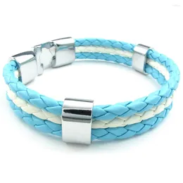 Link Bracelets Blue Leather Bracelet White Flag Of Argentina Alloy Braided Length 21.5 Cm With A Velvet Pouch